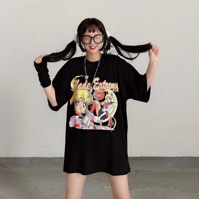 NiceMix vintage anime cartoon t shirt women clothes gothic tshirt streetwear print loose tops Korean summer black t-shirt