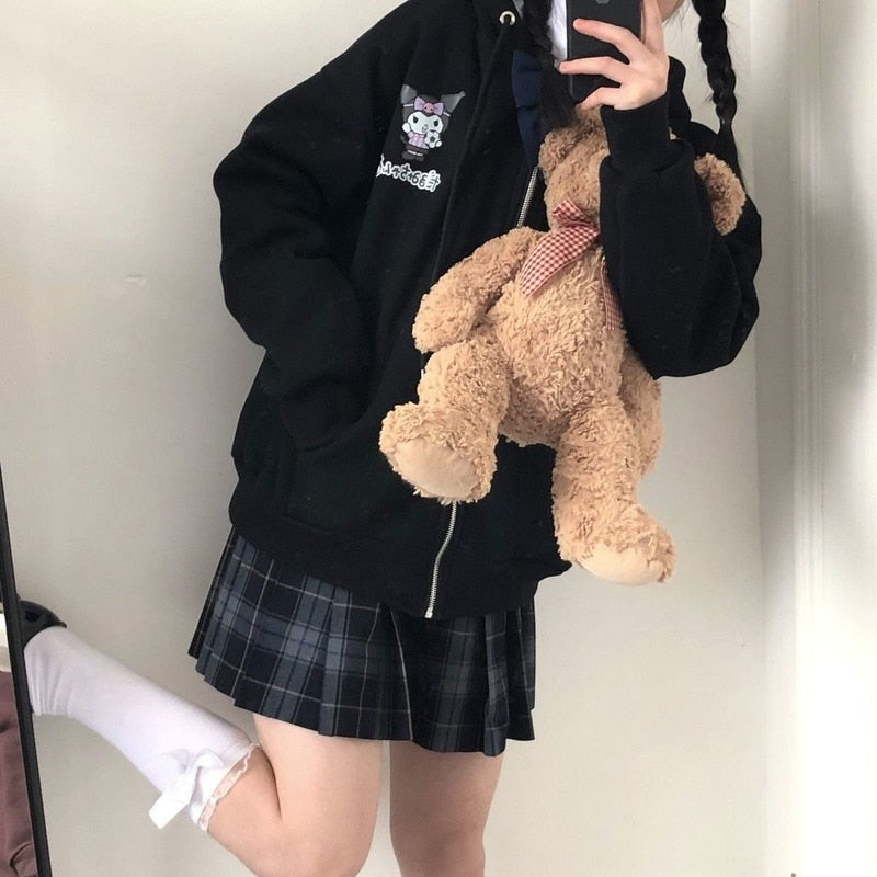 Anime Print Hoodie Women Long Sleeve Cute Print Plus Velvet