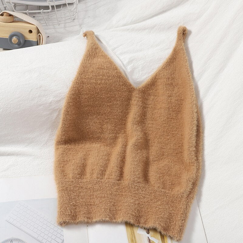 Women Summer Solid Fuzzy Knitted Crop Tops V Neck Sexy Cosy