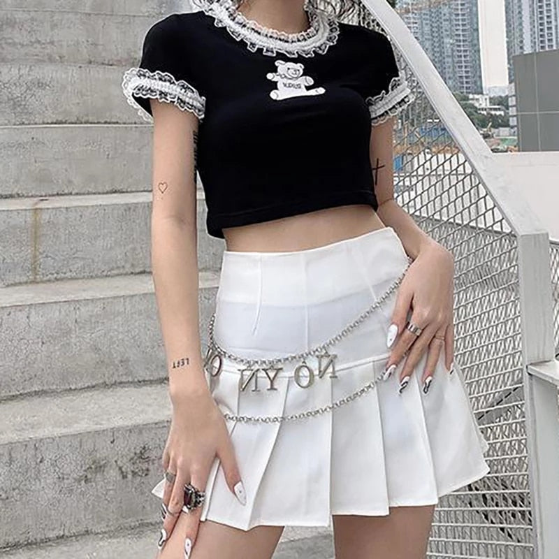 Gothic Crop T-Shirts Summer Harajuku Kawaii Cute Bear Print Lace