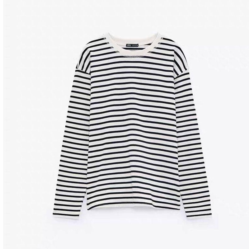 WAVLATII Women 2021 New Long Sleeve T shirts Female Cotton White Black Striped Tees Lady Oversized Spring Casual Tops WLT2107