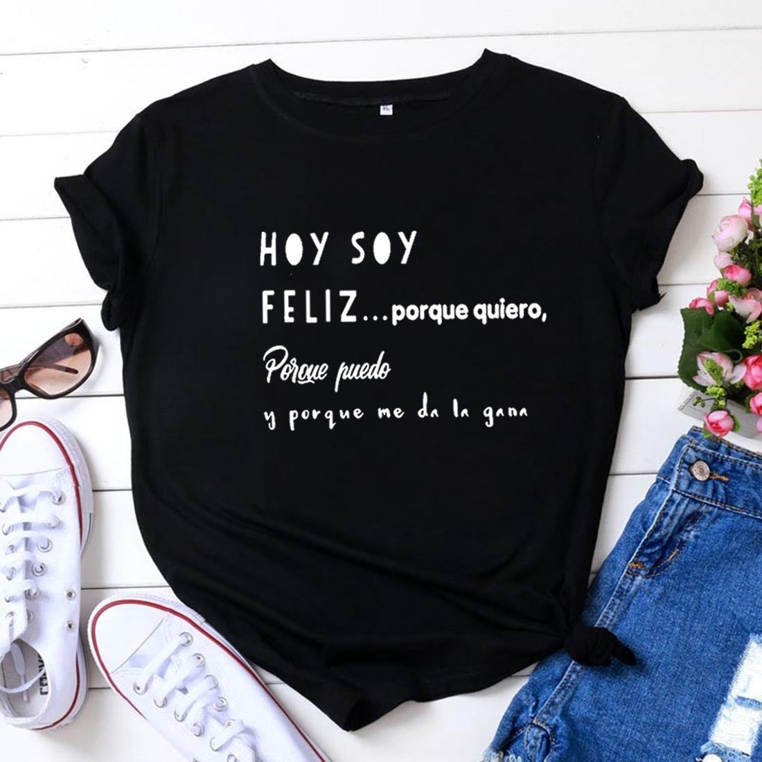 Hoy Soy Feliz Funny T Shirts Women Short Sleeve O-neck Cotton Harajuku Tee Shirt Femme Casual Tshirt Women Loose Camiseta Mujer