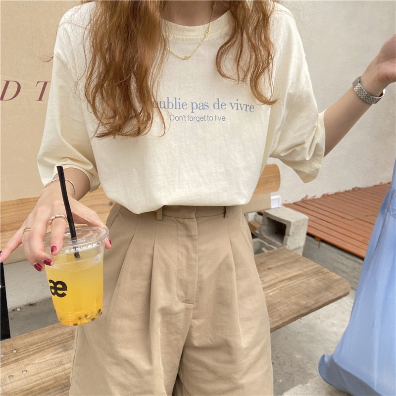 Letter Printed Thin Short Sleeve Cotton O-neck Fashion Vintage Sweet Fresh College Wind Basic 2021 Summer Women T-shirts