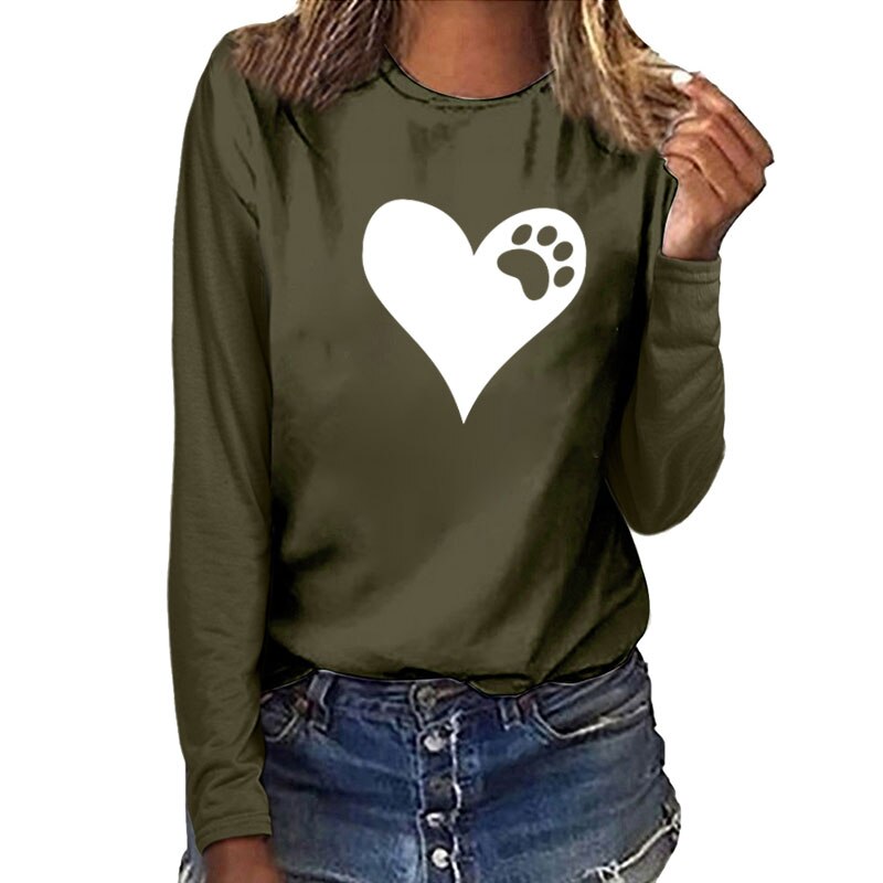 Heart Bear Paw Print Long Sleeve T-shirts Women Autumn