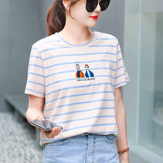 Striped T-shirt Women Casual O-neck Short Sleeve Cartoon Print Colorful Soft Top Basic Loose All-match Streetwear Summer 2021