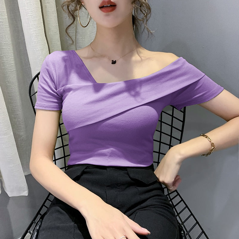 European Clothes Fashion Asymmetrical Hollow Out T-shirt Women 2020 New Summer Back Tops Ropa Mujer Bottoming Shirt Tees T02210