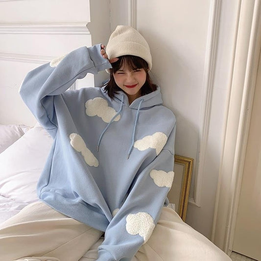 Korean Sweatshirt Women Winter Fashion Clouds Pullover Plus Velvet