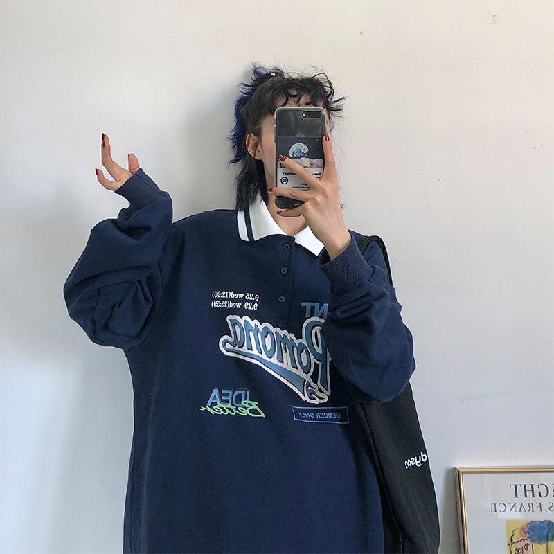 Vintage Polo Collar Oversized Hoodies Women Korean Trendy