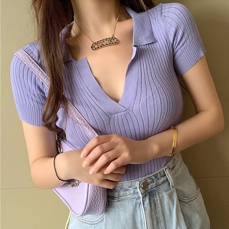 Crop Top Female Polo Shirts Summer Short Sleeve T-shirt