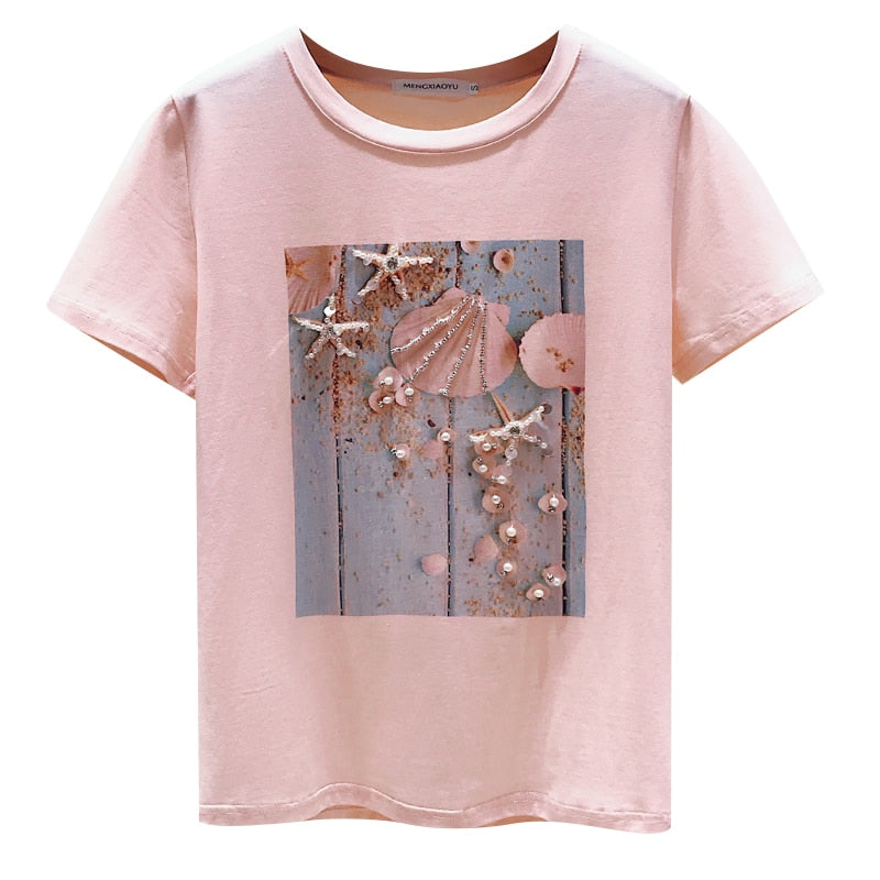 Pink Summer T shirt Women Tops White Tshirt Women Korean Clothes Short Sleeve Casual Purple Sequins Diamond Tee shirt Femme