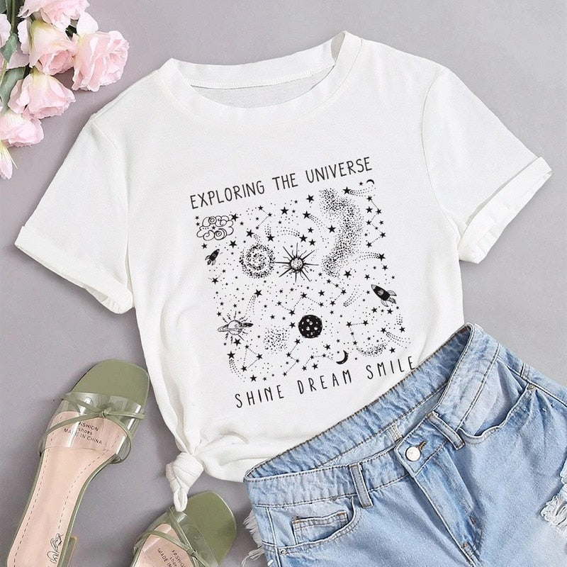 Universe Space Stars Print Short Sleeve Oversized Tshirts