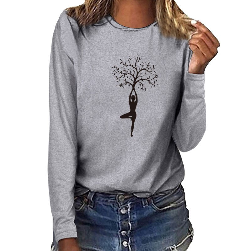 Lady Tree Print Long Sleeve T-shirts Women Autumn Winter Shirts