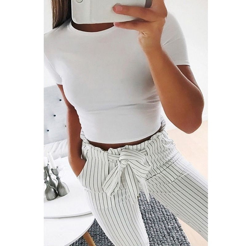 2020 Summer Women Fashion Crop Top Shirt Solid Color O-Neck Short Sleeve T-shirt Casual Tees Basic Solid Color