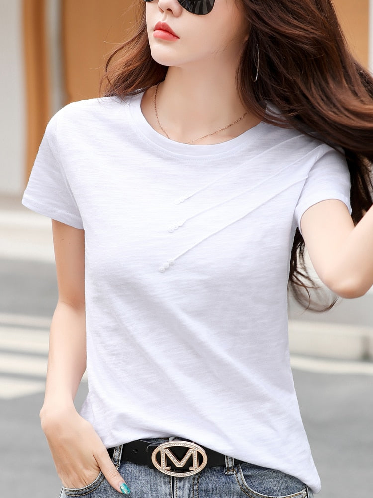 Short sleeve Summer Women Ribbed Cotton Tee-shirts