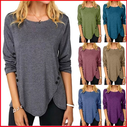 Button O Neck Long Sleeved Tunic T-Shirt Women Clothing Solid Color Loose Casaul Irregular Long Pullovers Tops Tee Shirt Femme