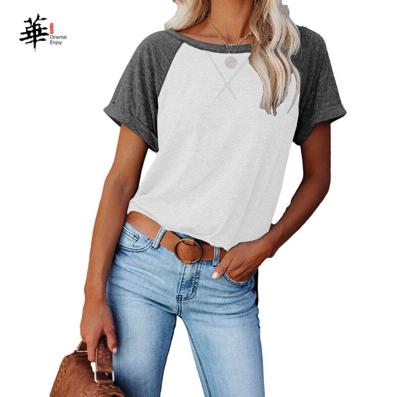 Women Summer T-Shirt Casual New Arrival Loose O-Neck Splice Cotton Women Tops T-Shirt for Girls