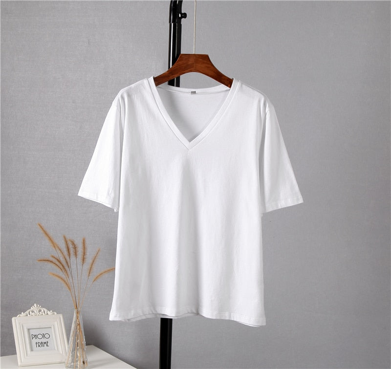 Hirsionsan 100% Cotton Summer T Shirt Women Soft Short Sleeve V Neck Female Tees Basic Kintwear Tops Harajuku Tshirt for Ladies