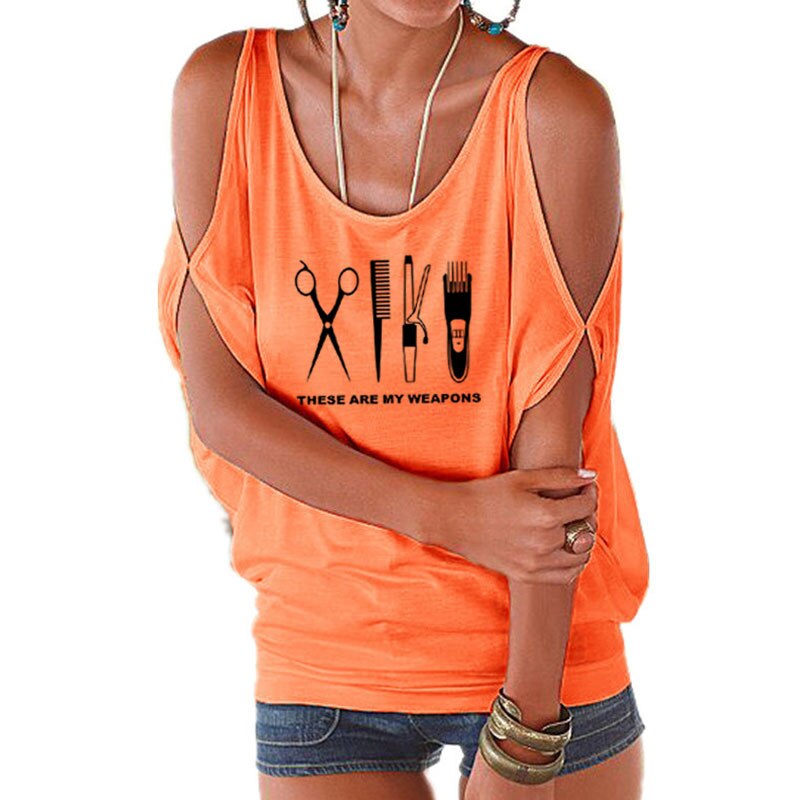 Barber T Shirt Women O-Neck Hairdresser Weapon T-shirt Woman scissors Tops Girl Sexy Off Shoulder Batwing Lace up Top Tees