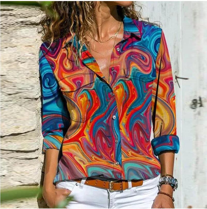 Women Retro Colorful Print Buttons Blouse Shirt Autumn Long Sleeve