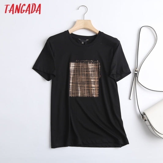 Tangada 2021 Women Black Letter Golden Print Cotton T Shirt Short Sleeve Tees Ladies Casual Tee Shirt Street Wear Top 6D04