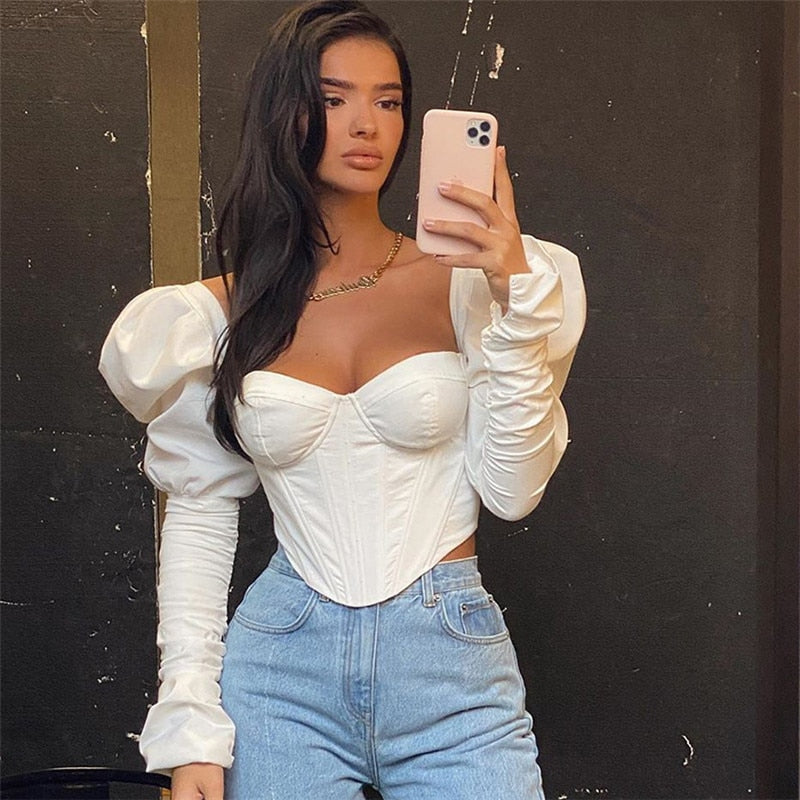 CNYISHE Elegant Solid Puff Sleeve Slim T-Shirt Women Tee Tops Autumn Fashion Sexy Backless Skinny Crop Top Female Shirts Blusas