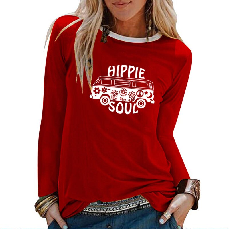 Hippie Soul Car Print Long Sleeve T-shirts Women Autumn Winter 2020 Woman Tshirts Fashion White Crew Neck Graphic Tee Streetwear