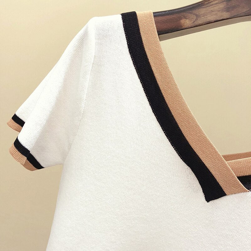 V-Neck T Shirt Women Tshirt Contrast Color Striped Knitted