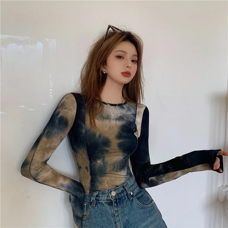 Yedinas Sexy Harajuku Slim T Shirt Women Tie Dye Print Long Sleeve Tops Korean Style Tshirts Vintage Streetwear Skinny Tee Top