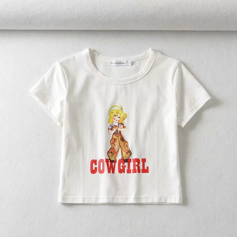 Women Cowgirl Print Crop Tee Short Sleeve Crop T-shirt