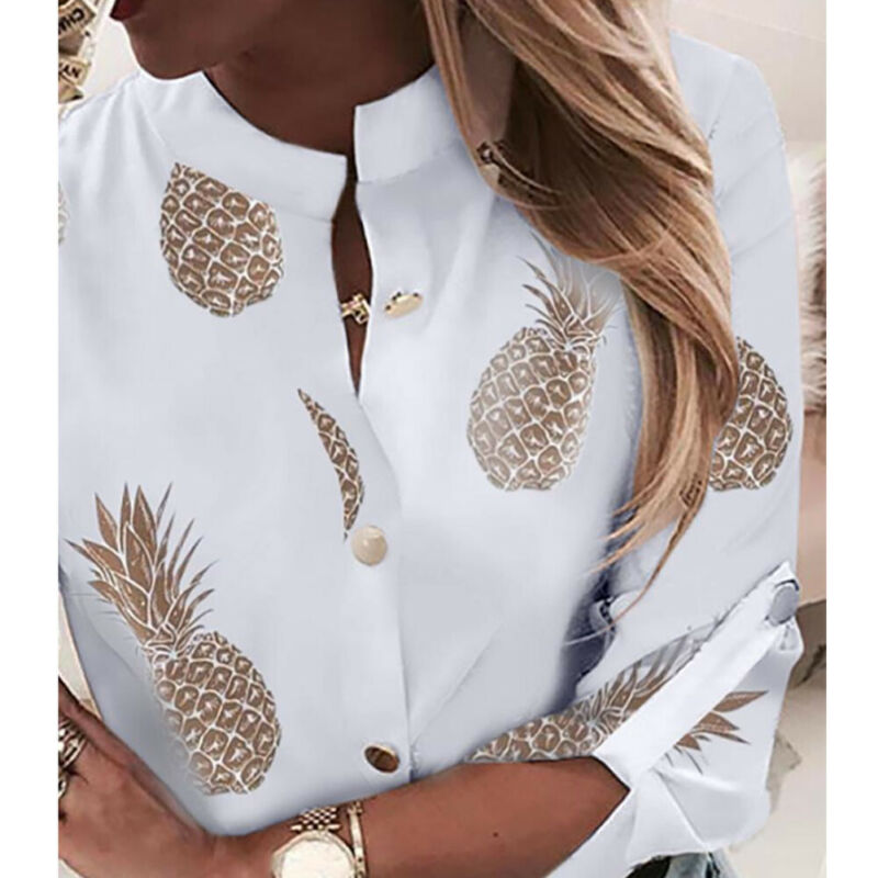 Fashion Women Long Sleeve Gold Pineapple Print Blouse V Neck Shirt