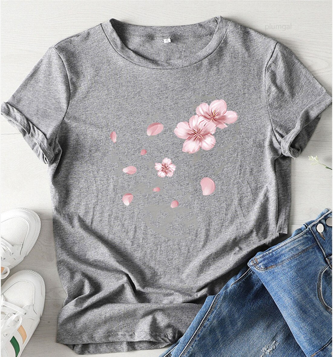 Fashion Cherry Blossom T Shirt Women Short Sleeve Tshirts Cotton Women O-neck Loose Tee Shirt Femme Black Camisetas Mujer