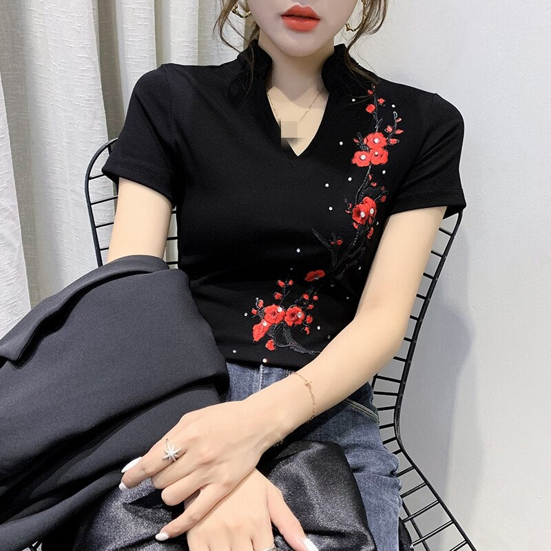 New Summer Fashion Folk Clothes Sexy Patchwork Embroidery Diamonds T-shirt Women Tops Ethnic Ropa Mujer Shirt Tees T02005