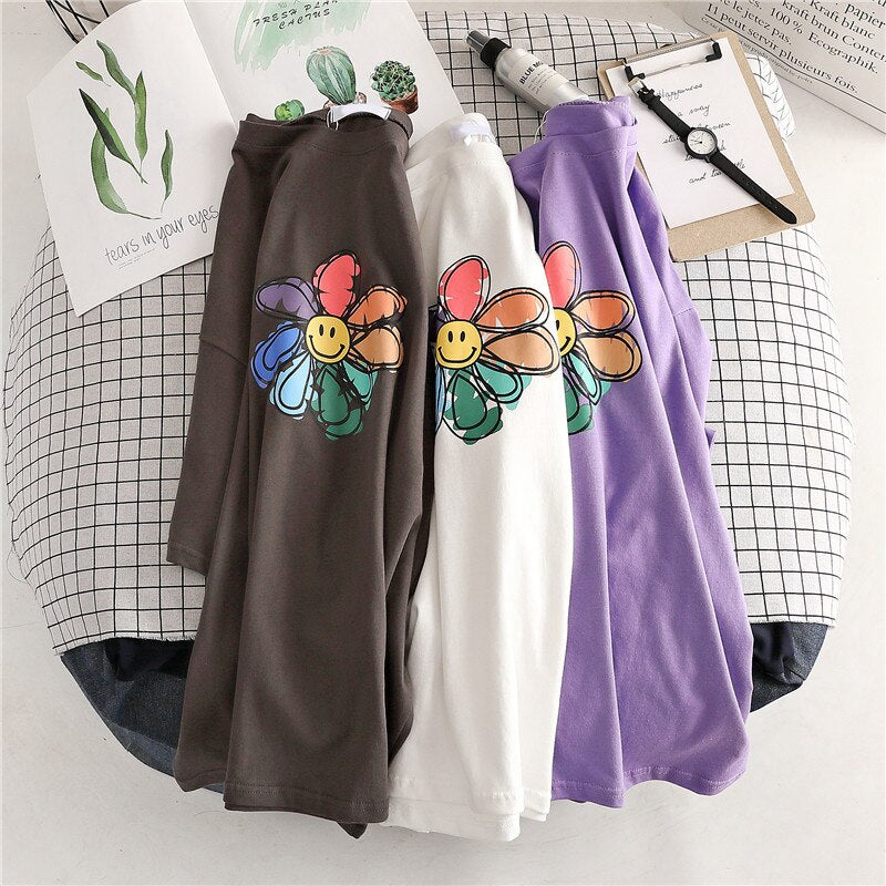 Yedinas Sunflower Print T Shirt Women Summer T-shirt Cotton Female Japanese Style Aesthetics Tops Oversized Streetwear Tee Shirt