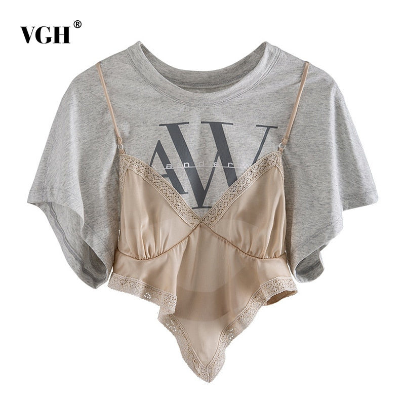 VGH Elegant Patchwork T Shirt Women O Neck Short Sleeve Asymmetrical Hit Color Print Lace Up Irregular Hem T-shirts Female Tide