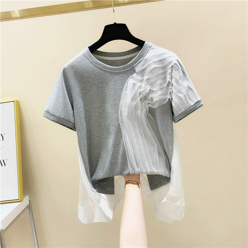 Summer Korean-Style Slimming Tops Design Panelled Mesh Pleated Patchwork Casual O Neck Short T-Shirt Women