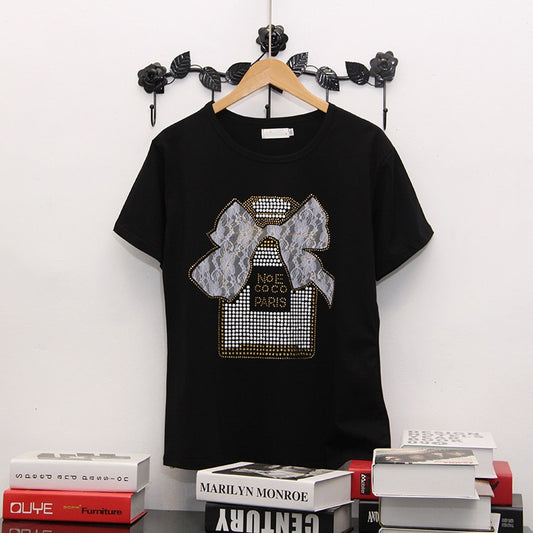 Black with rhinestones short-sleeved T-shirt street casual