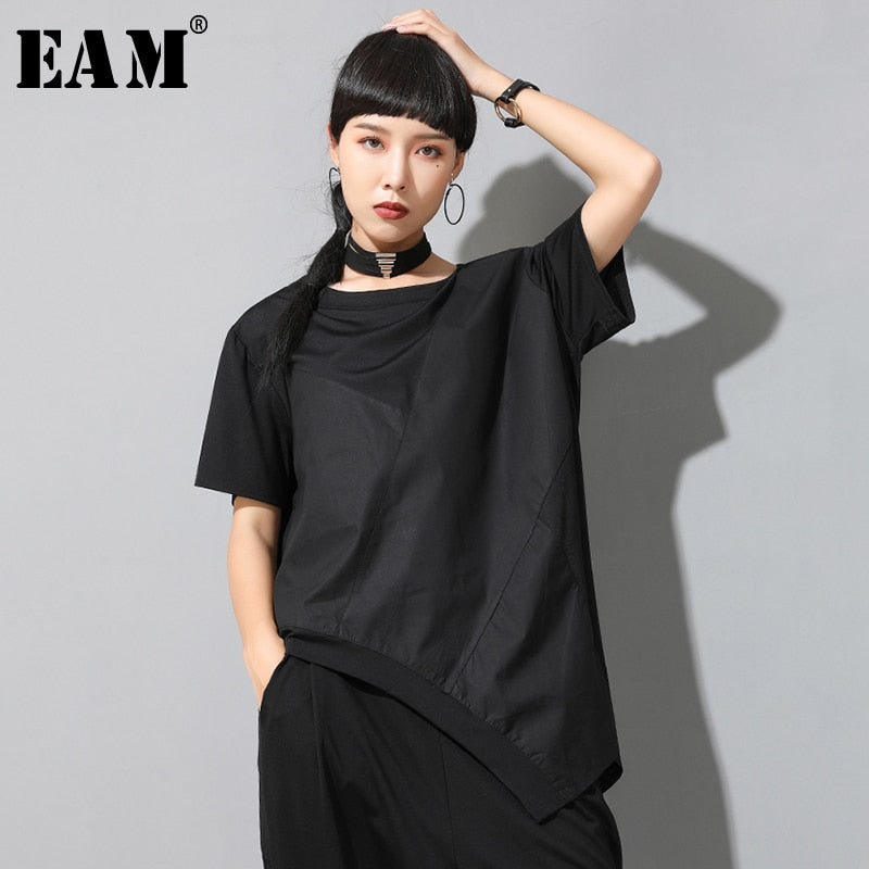 [EAM] Women Black Irregular Split Joint Big Size T-shirt New Round Neck Long Sleeve Fashion Tide Spring Summer