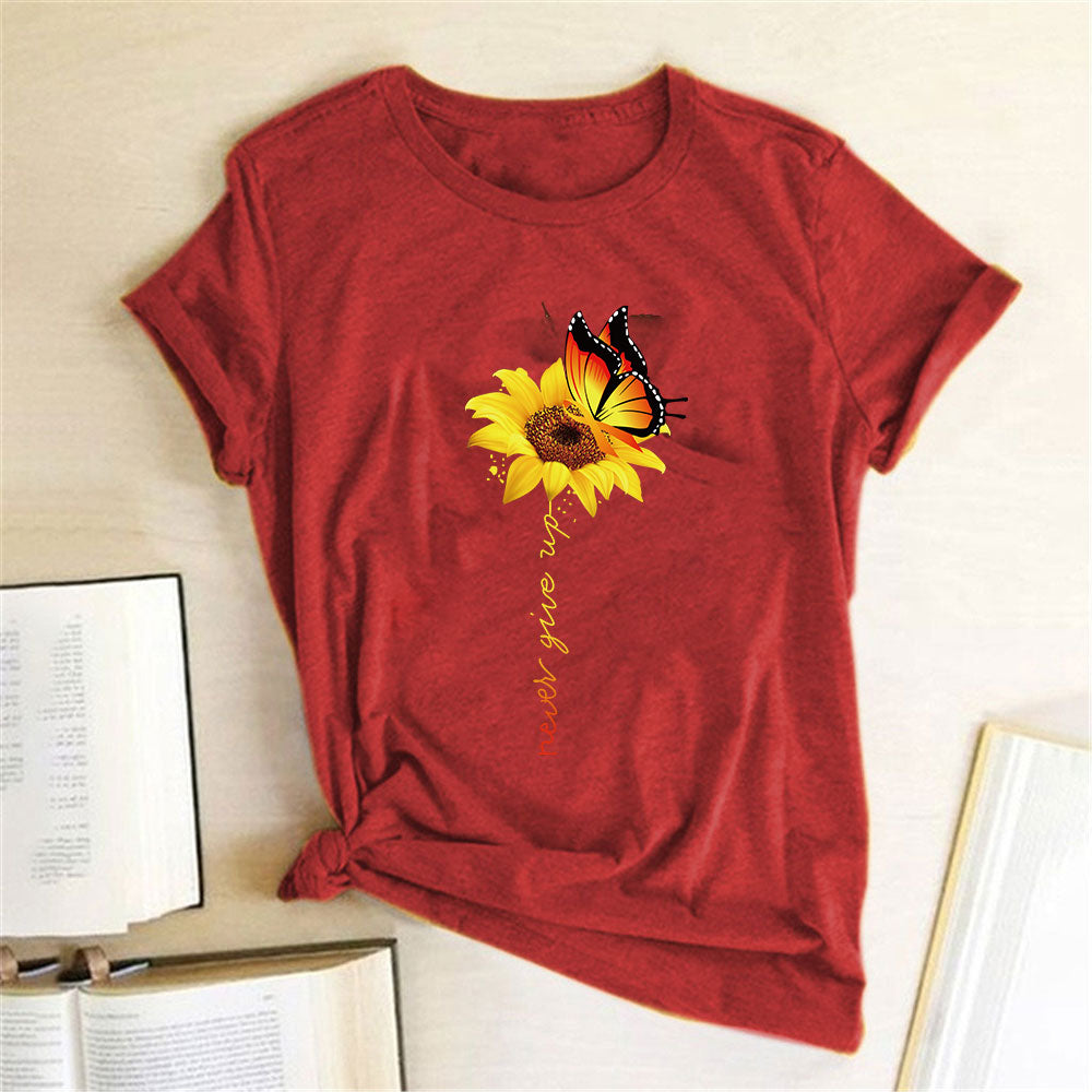 Aesthetic Cotton T Shirt Women Harajuku Graphic Tees Shirt Femme Sun Flower Butterfly White Women's T-shirt Never Give Up Tshirt