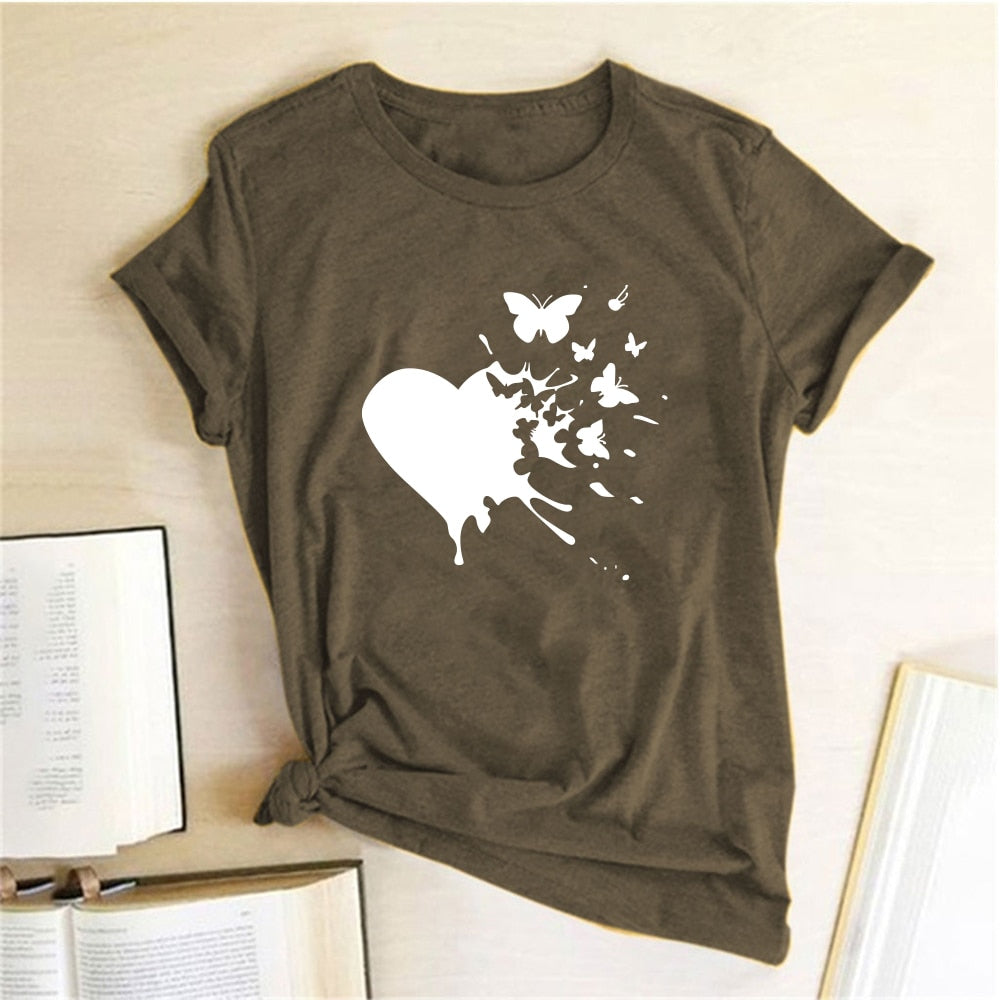 Heart Butterflies Print T-shirts Women Summer Graphic