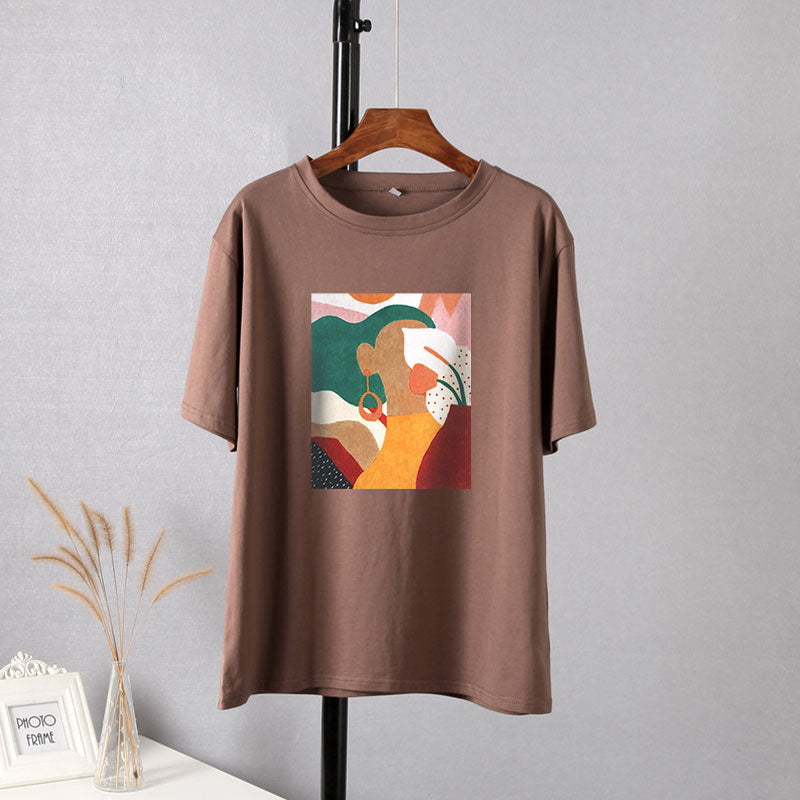 Hirsionsan Aesthetic Printed T Shirts Women 2021 New Soft Vintage Loose Tees Abstract Graphic Cotton Tshirts Summer Casual Tops