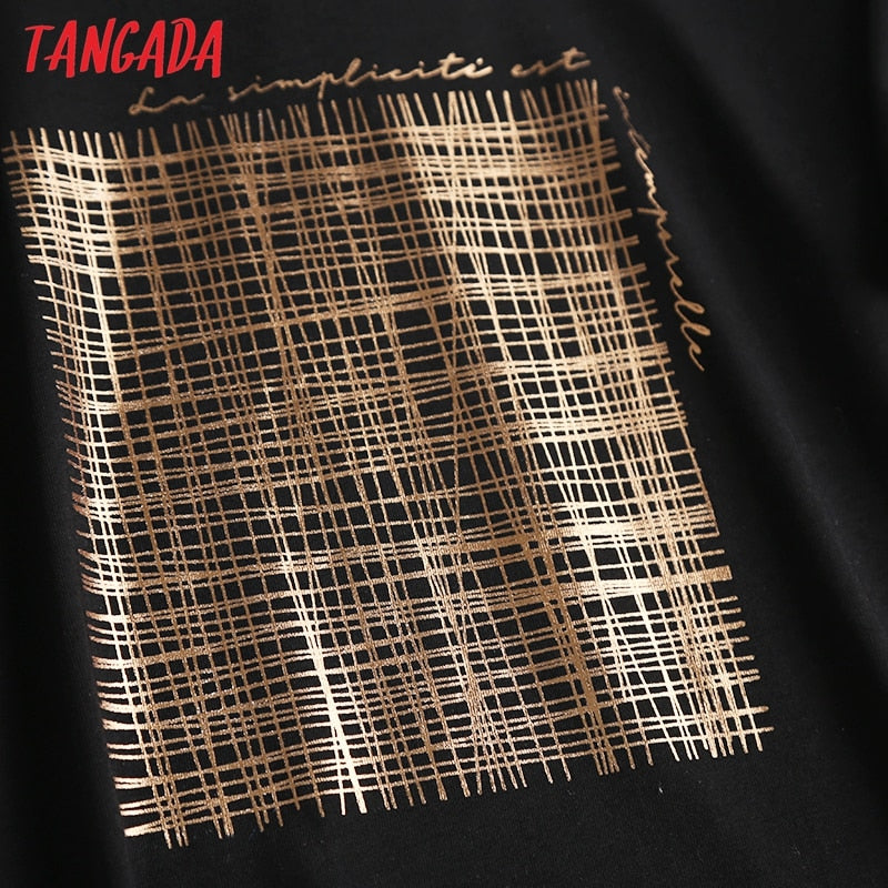 Tangada 2021 Women Black Letter Golden Print Cotton T Shirt Short Sleeve Tees Ladies Casual Tee Shirt Street Wear Top 6D04