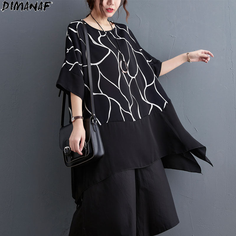 DIMANAF Plus Size Women T-Shirt White Bat Striped Print Patchwork Chiffon O-Neck Tops Shirt Loose Summer 2021 Solid New Tees 5XL