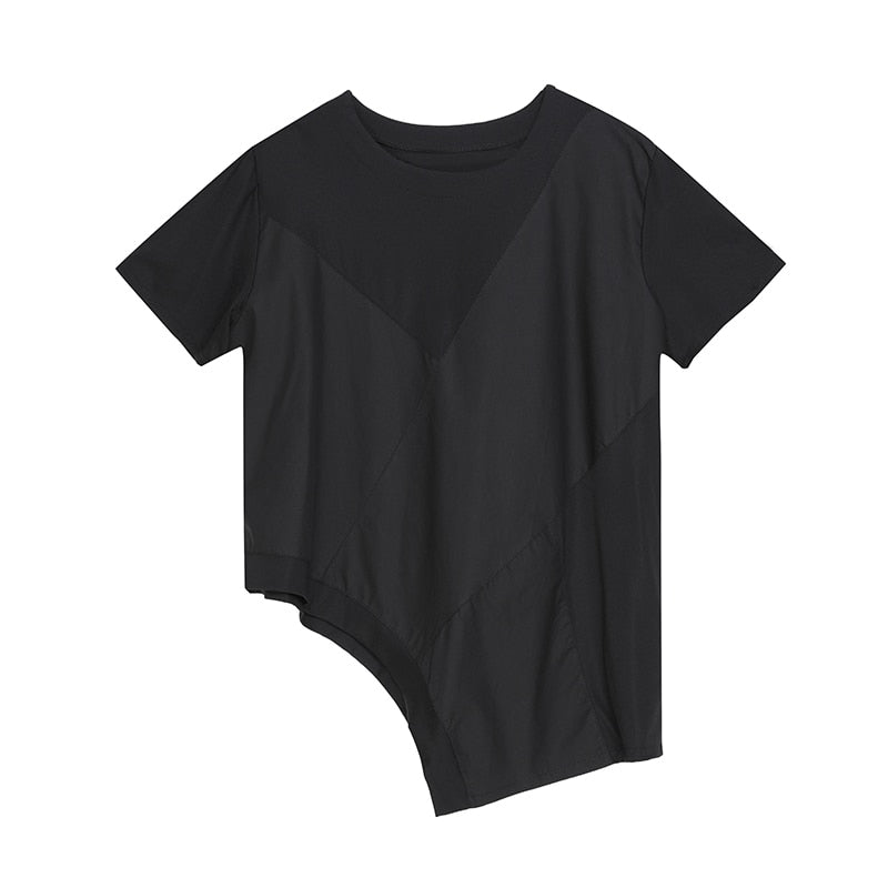 [EAM] Women Black Irregular Split Joint Big Size T-shirt New Round Neck Long Sleeve Fashion Tide Spring Summer