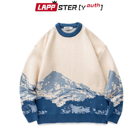 Youth Men Harajuku Moutain Winter Sweaters Pullover Mens Oversized