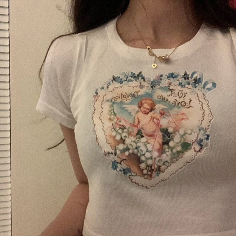 Angel Printed Women Korean High Waist Short Sleeve T Shirts