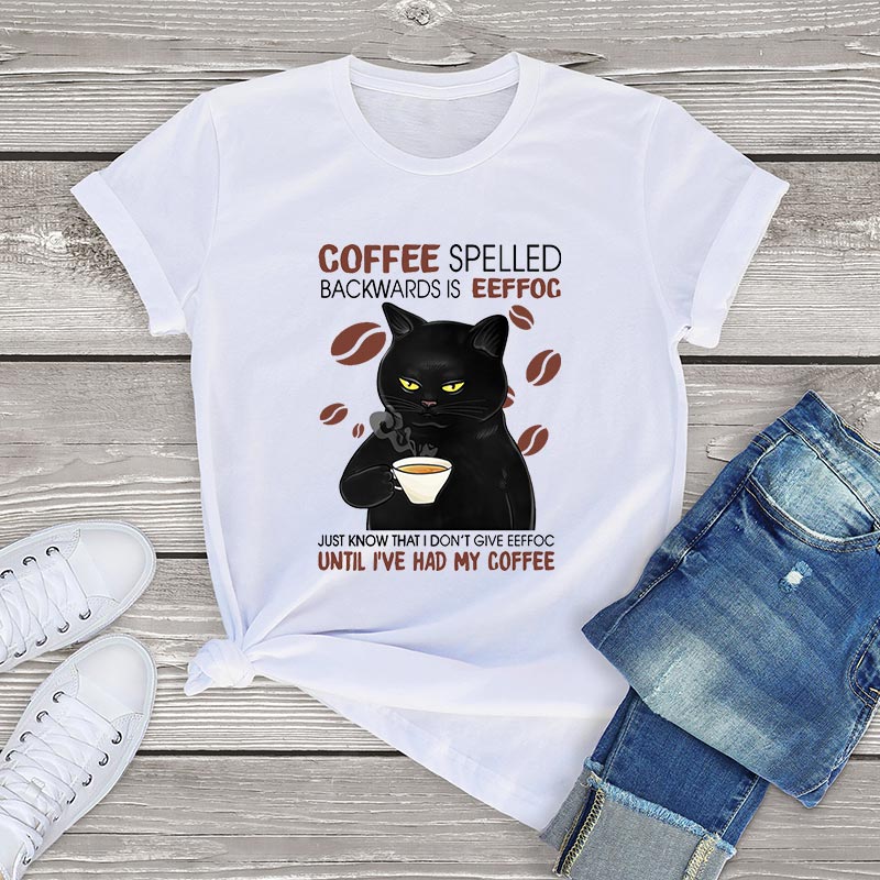 100% cotton t shirt women Black Cat Coffee Spelled Backwards Is Funny Cat Coffee tops unisex T Shirt harajuku women's tees gift