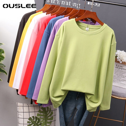 OUSLEE Cotton Long Sleeve T Shirt Women Casual Basic Women's T-shirts Solid Colors Top Female Fashion Korean Tee Shirt Plus Size