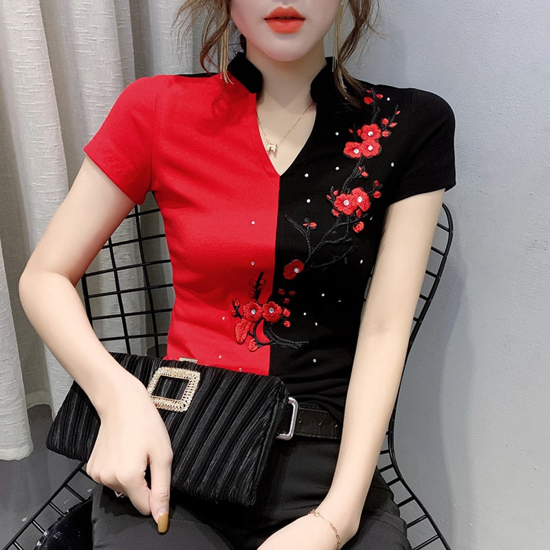 New Summer Fashion Folk Clothes Sexy Patchwork Embroidery Diamonds T-shirt Women Tops Ethnic Ropa Mujer Shirt Tees T02005