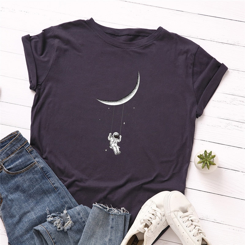 Plus Size S to 5XL TShirt New Moon Astronaut Print Loose Women