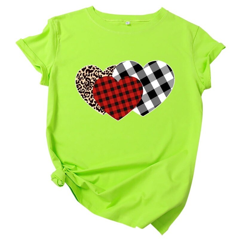 JCGO Summer Women T Shirt Cotton Plus Size 5XL Cute Plaid Heart Print Graphic Tees Tops Short Sleeve O-Neck Casual Woman Tshirts